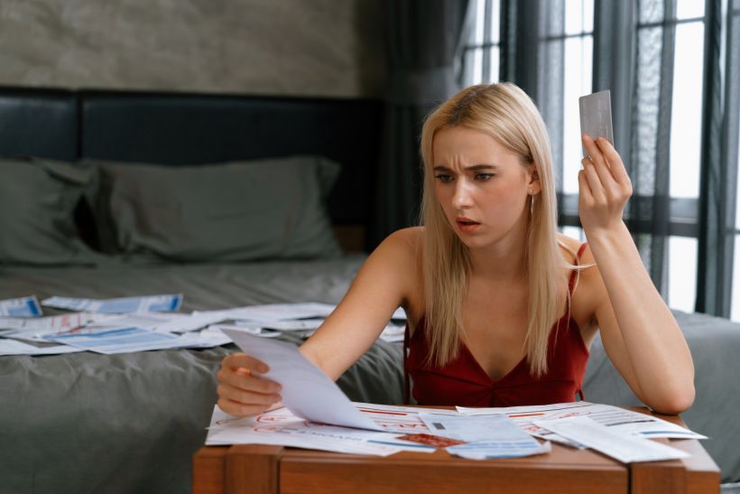 Stress worried young woman sit at table as she pay bills online with credit card.