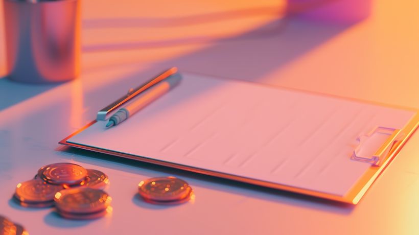 A modern financial planning setup featuring a clipboard with a pen and scattered coins on a table.