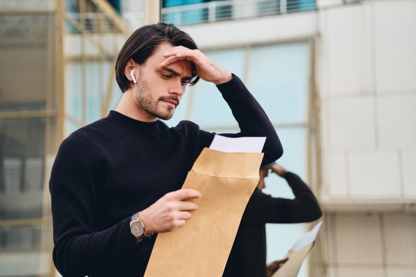 The young man looks at the documents with concern.