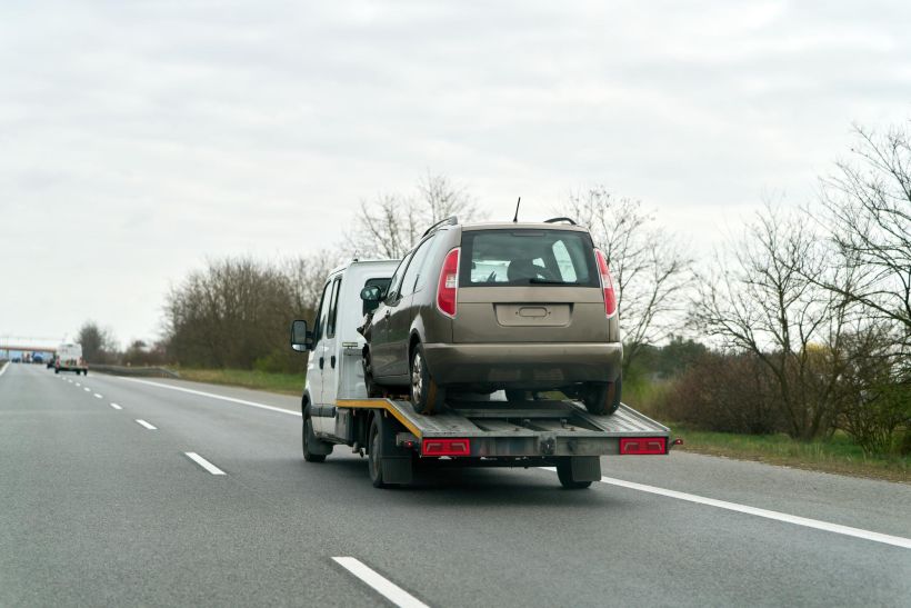 Broken car loaded onto flatbed for transport.