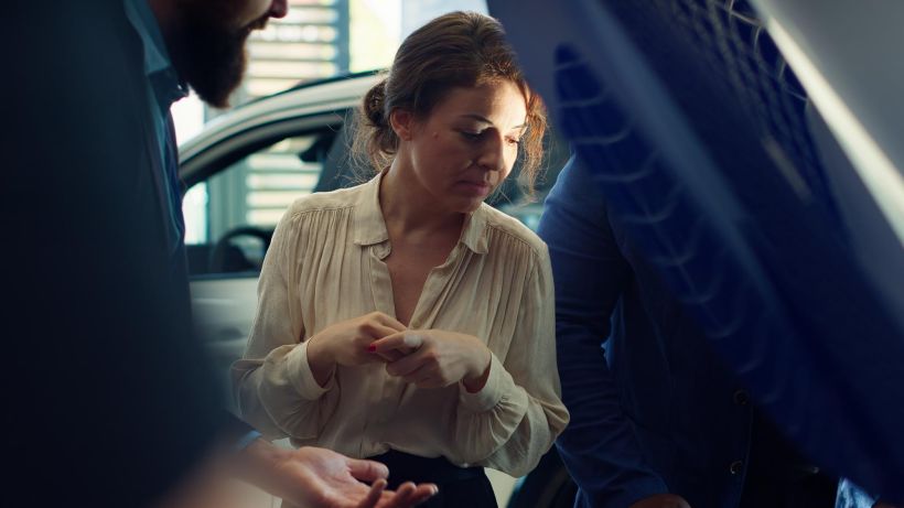 Showroom agent presenting clients car component under hood.