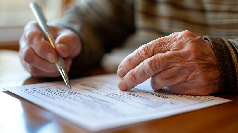 Person filling out a documents at home pen in hand and focused expression.
