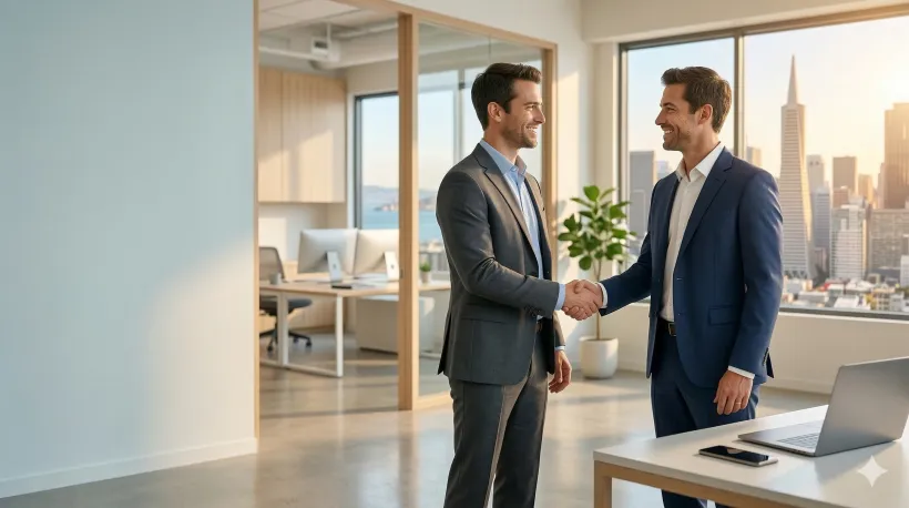 Two men in suits smiling and shaking hands in office