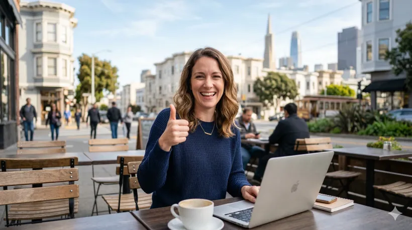 A woman with a laptop smiles at the viewer, giving a thumbs-up