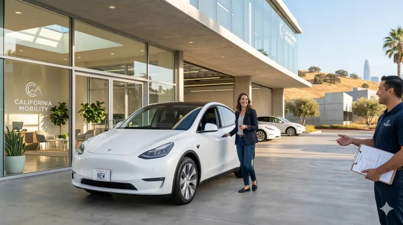 A woman picks up her new car from the dealership