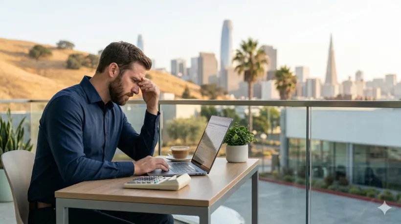 A stressed-out man is looking at his laptop, with a calculator next to him
