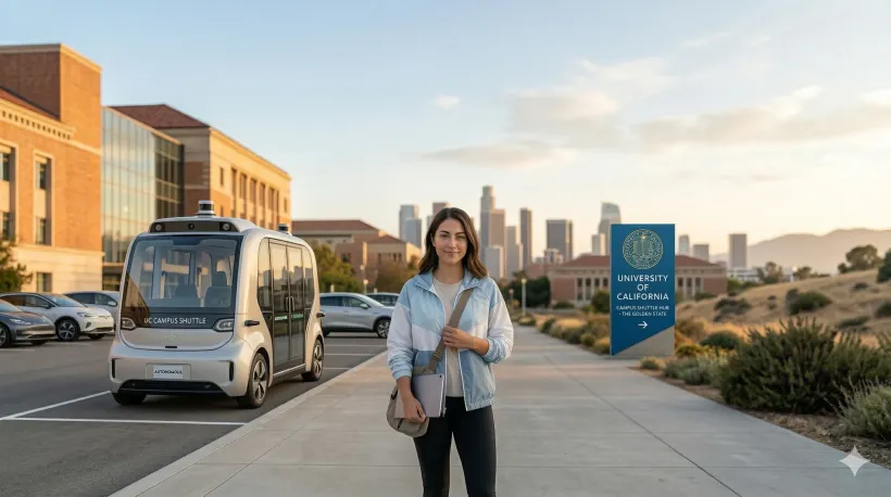 Student on the background of the University of California