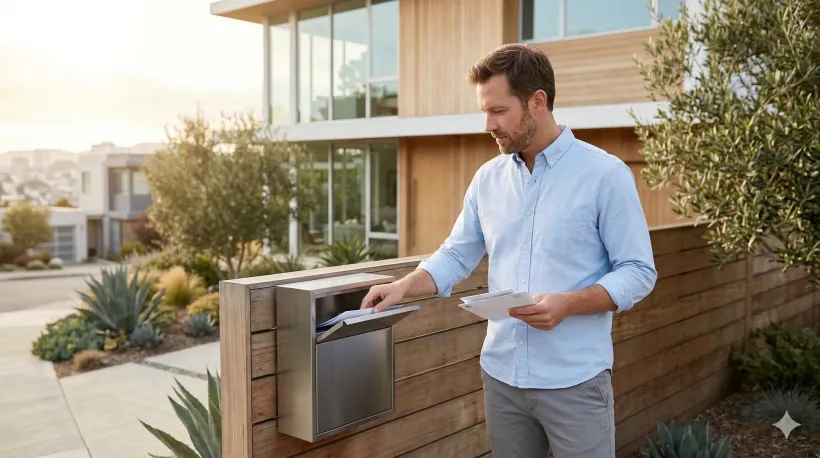 Man checking mailbox in front of house