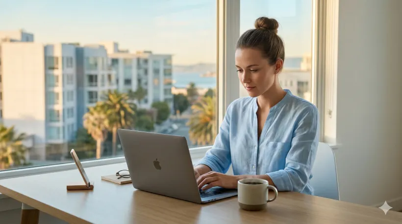 Woman at laptop with cup of coffee