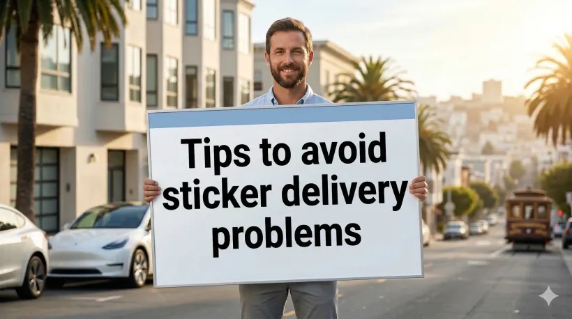 A man holds a large poster with the inscription "Tips to avoid sticker delivery problems”