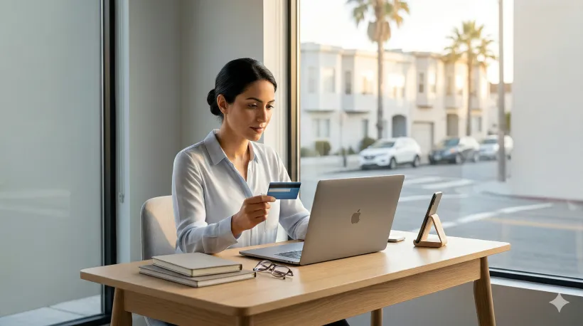 Woman sitting at a laptop and holding a credit card