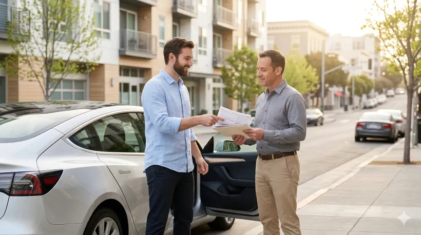 Two men are exchanging documents for a car