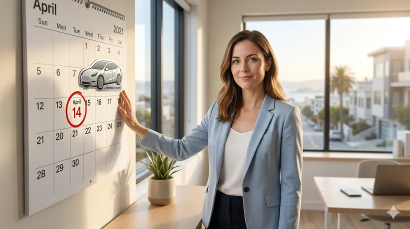 A woman is standing next to a calendar