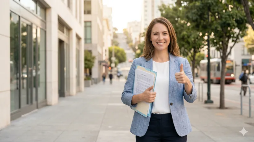 A smiling woman holds a folder of documents and gives a thumbs-up