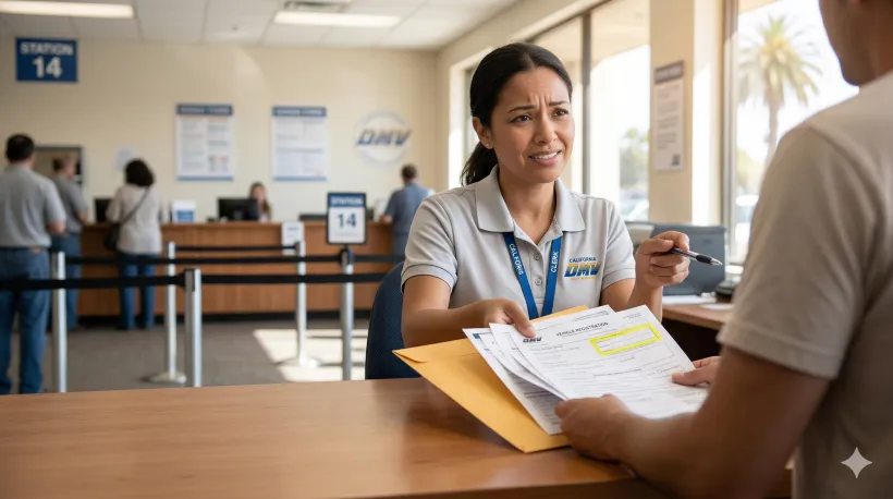 DMV clerk returning incomplete paperwork to driver