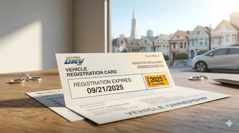 California car registration card close-up with renewal date and sticker