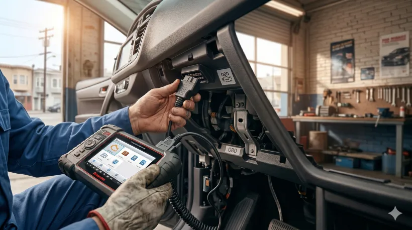 Close-up of a mechanic's hands connecting an OBD-II diagnostic scanner to a car's port