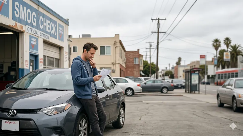 A person standing next to their car outside a smog check station