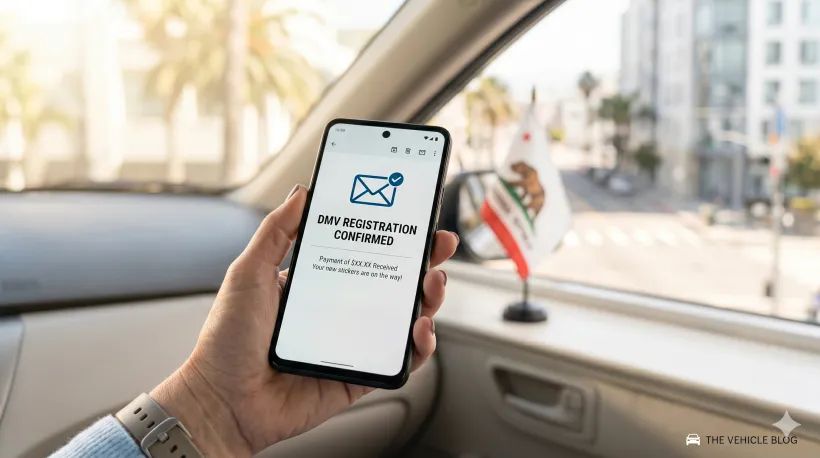 A close-up of a person's hand holding a smartphone showing an email confirmation