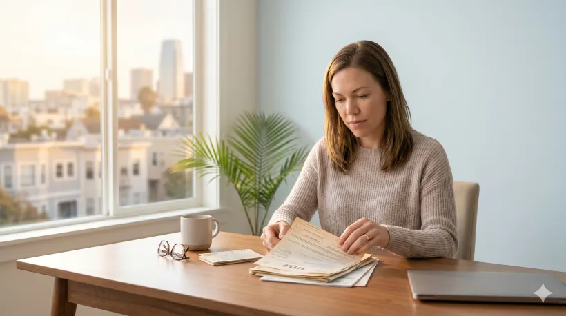 A person at a home desk sorting through a small stack of old vehicle documents and papers