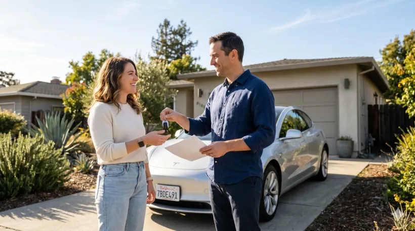 Two people are standing next to a car in a driveway—one is handing over a key and a document to the other