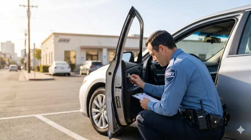 A uniformed officer or DMV employee crouches near the driver's side doorjamb of a car, examining the VIN plate