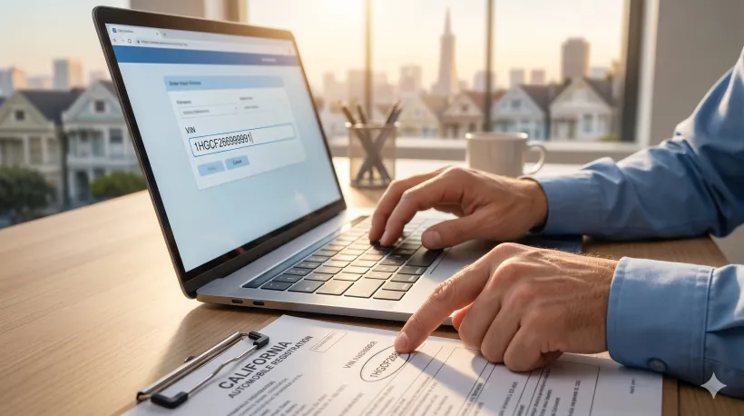 Close-up of a person's hands typing a VIN number into a laptop