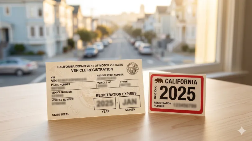 Close-up of a California vehicle registration card and a license plate sticker