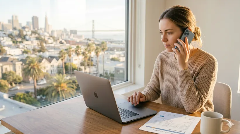 A person on a phone call, sitting at a kitchen table with a laptop open and an insurance document