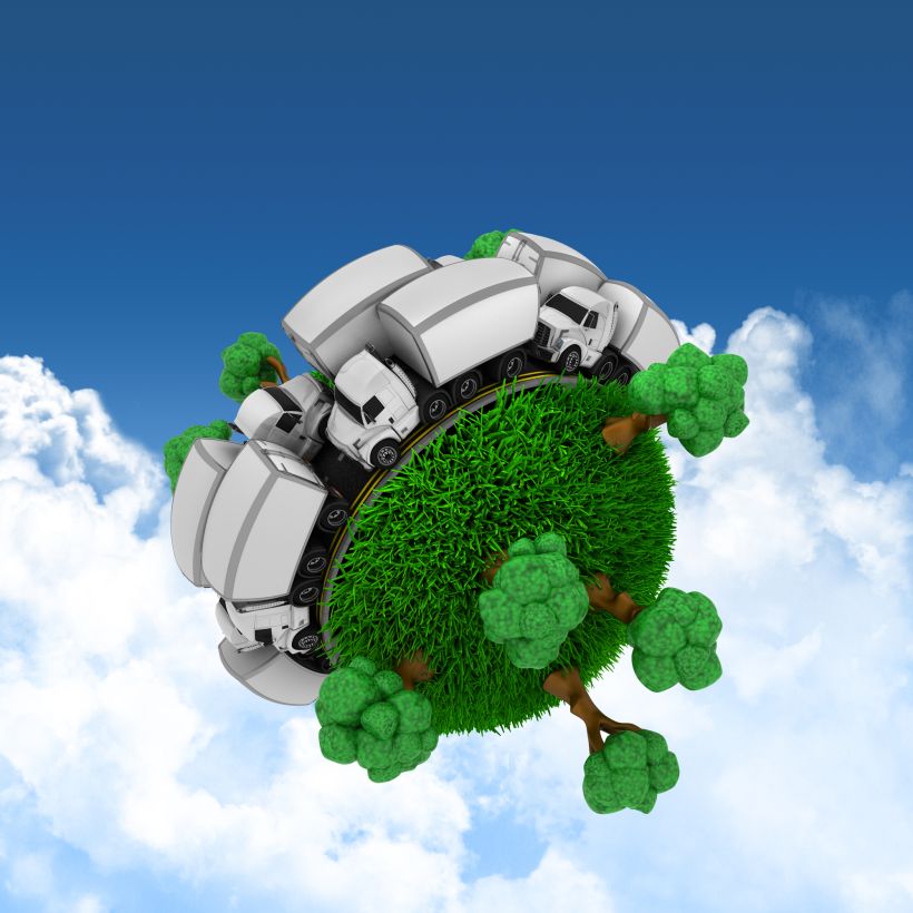 3d grassy globe with trucks and trees.