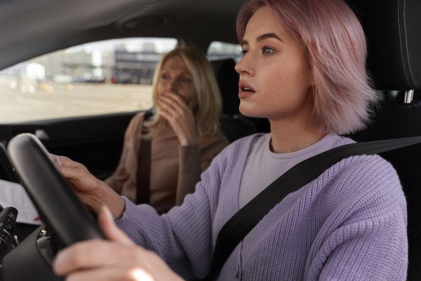 Young woman talking with her older friend in vehicle.
