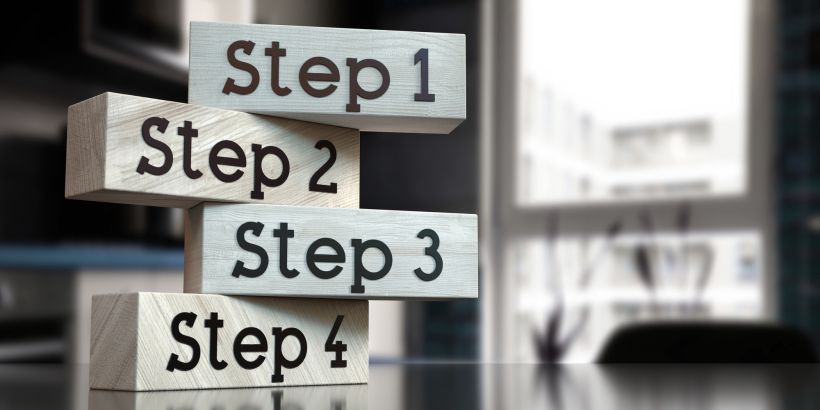 Step 1 2 3 and 4 words on wooden blocks 3d illustration.