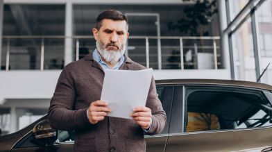 A man standing by a vehicle reviews the forms to remove name from car title California