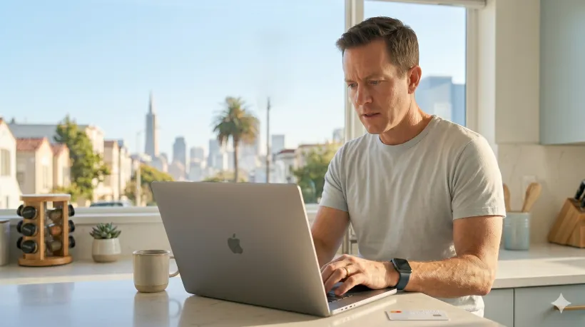 A person sitting at a kitchen table, staring at a laptop screen with a slightly puzzled expression