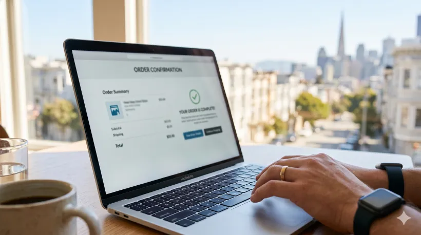 Close-up of a laptop screen showing a payment confirmation page