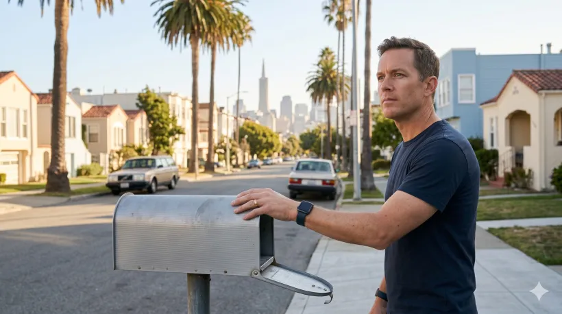 A person standing at their mailbox, checking for mail