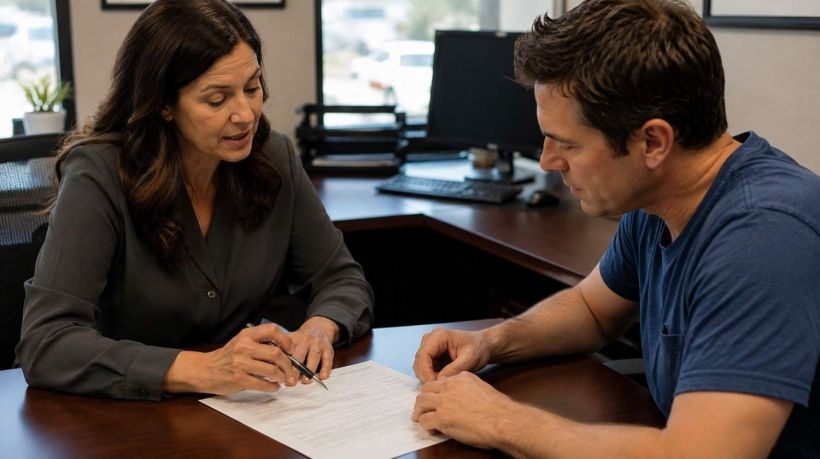 An agent helps a man review the required paperwork to get a bonded title California