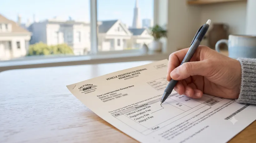 Close-up of a vehicle registration renewal notice laid on a table, with a pen pointing to one of the line items