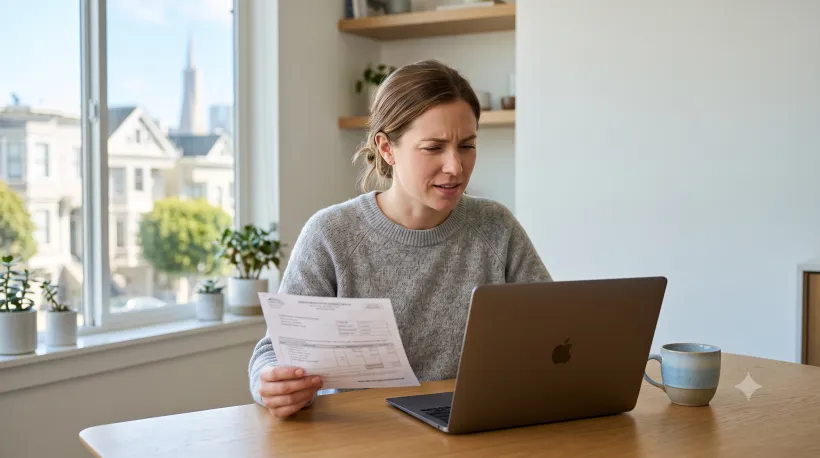 A person sitting at a kitchen table, looking at a vehicle registration renewal notice and a laptop screen with a puzzled expression
