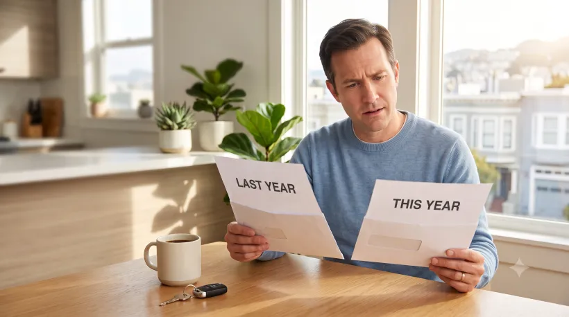 A person sitting at a kitchen table comparing two envelopes with a puzzled expression
