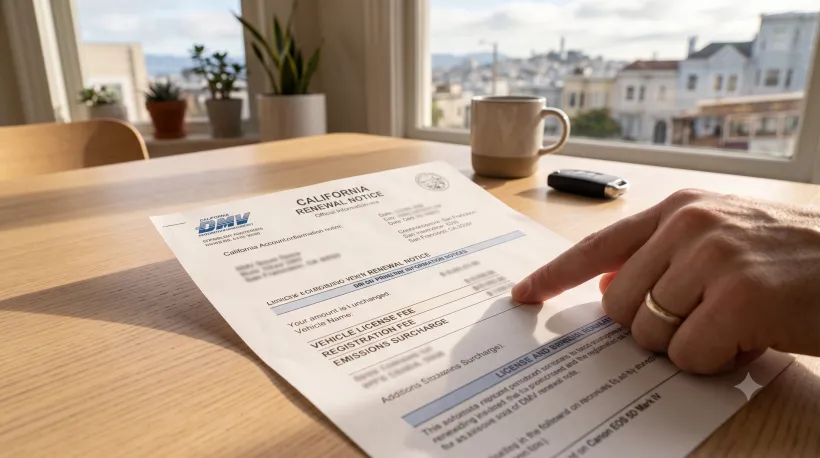 Close-up of a DMV renewal notice laid flat on a table