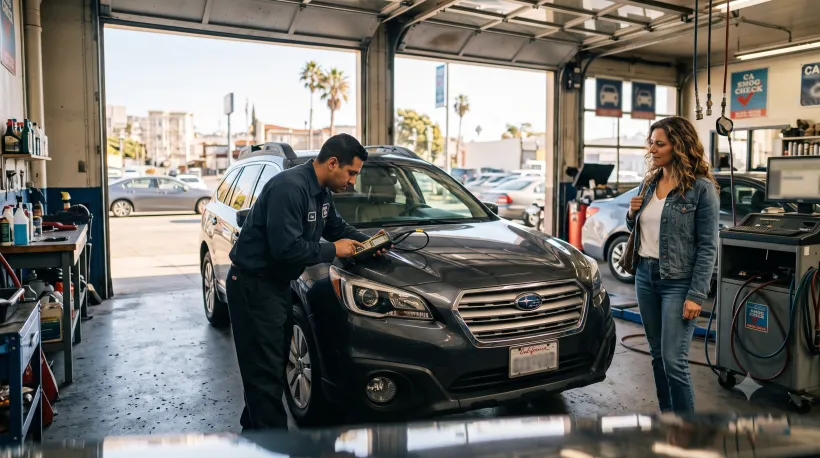 A car at a smog check station—the technician is connecting a diagnostic tool to the vehicle